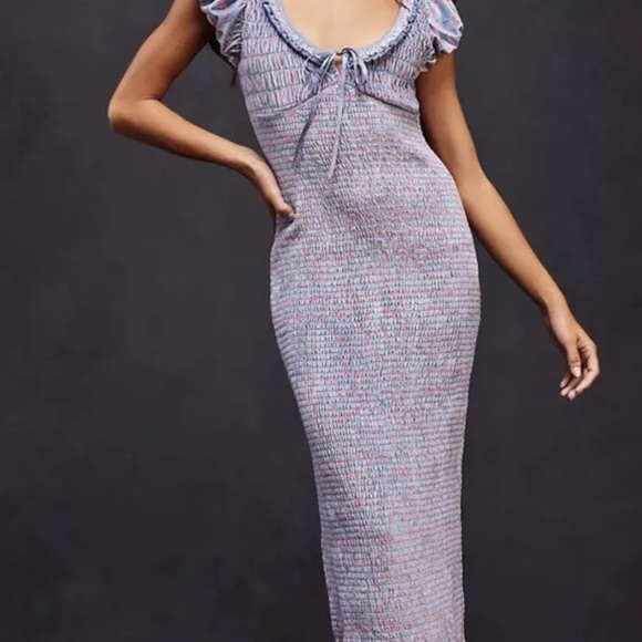 Free People Mckenna Velvet Smocked Slim Fitted Eyelets Ruffles Midi Dress L - Picture 3 of 4